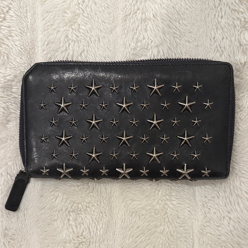 Jimmy Choo Navy Zippy Wallet with Silver Star Studs